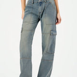 Forever 21 Jeans De Pierna Ancha Para Mujer Inspirados En Cargamento, Con Acabado Desgastado Y Varios Bolsillos De Utilidad