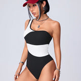 Coolane Bodysuit Asimetrico De Mujer Con Un Solo Hombro Con Bloques De Color Y Ribete Negro