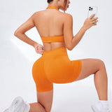 Sport Studio Conjunto De Yoga Sin Costuras/sexy Halter Delantero Con Giro/textura De Alta Calidad/cintura Alta Con Control De Abdomen/facil De Combinar Con Ejercicios, Ciclismo Y Cortos De Spandex Diarios