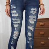 LUNE Jeans Ajustados De Cintura Elastica Y Delgado Con Aspecto Desgastado Estilo Skinny