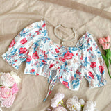 Blusa Corta De a Grande Con Estampado Floral, Dobladillo Con Volantes Y Cordon Ajustable