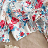 Blusa Corta De a Grande Con Estampado Floral, Dobladillo Con Volantes Y Cordon Ajustable