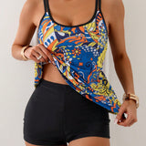 Swim Lushore Conjunto de tankini para mujer con tirantes impresos y top con panty de cintura alta