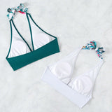 Swim Top De Bikini Halter Con Diseno De Bloques De Color Y Estampado Tropical, Conjunto De 2 Piezas