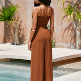 VCAY Solid Color Hollow Out Wide Leg Jumpsuit For Vacation