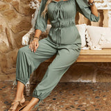 VCAY Solid Color Drawstring Ankle-Tie Jumpsuit
