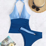 Swim Conjunto de tankini sin mangas con cuello halter en escote en V profundo de dos colores para mujeres en playa de verano