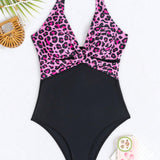 Swim Traje De Bano De Una Pieza Con Estampado De Leopardo Y Cuello En V Para Verano, Playa, Natacion Y Vacaciones