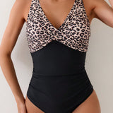 Swim Traje De Bano De Una Pieza Con Escote En V Estampado De Leopardo Y Remiendos Para Mujeres, Adecuado Para Verano, Playa, Natacion, Vacaciones