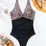 Swim Traje De Bano De Una Pieza Con Escote En V Estampado De Leopardo Y Remiendos Para Mujeres, Adecuado Para Verano, Playa, Natacion, Vacaciones