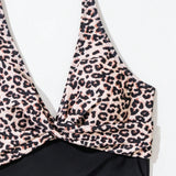 Swim Traje De Bano De Una Pieza Con Escote En V Estampado De Leopardo Y Remiendos Para Mujeres, Adecuado Para Verano, Playa, Natacion, Vacaciones