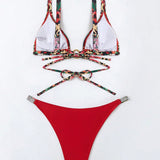 Swim Conjunto De Bikini Para Mujer Con Estampado Tropical Y Fondo De Color Solido