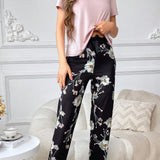 Conjunto De Pijama De Top De Color Solido Y Pantalones Estampados Florales