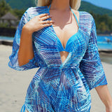 Conjunto De Bikini De Color Solido Con Cubierta Estampada Tropical, Traje De Bano De Playa