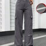 PETITE Pantalones De Mezclilla Gris Para Mujer De Ajuste Holgado Y Recto Con Aspecto Casual De Utilidad