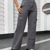 PETITE Pantalones De Mezclilla Gris Para Mujer De Ajuste Holgado Y Recto Con Aspecto Casual De Utilidad