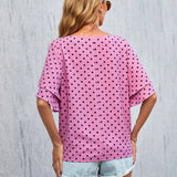 Blusa Con Estampado De Lunares, Cuello En V Y Mangas Con Volantes