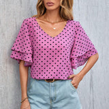 Blusa Con Estampado De Lunares, Cuello En V Y Mangas Con Volantes