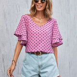 Blusa Con Estampado De Lunares, Cuello En V Y Mangas Con Volantes