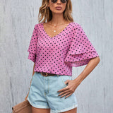 Blusa Con Estampado De Lunares, Cuello En V Y Mangas Con Volantes