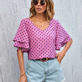 Blusa Con Estampado De Lunares, Cuello En V Y Mangas Con Volantes