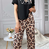 Conjunto De Pijama De Manga Corta Con Impresion De Leopardo Y Color Cafe Y Pantalon A Juego Para Mujeres