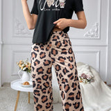 Conjunto De Pijama De Manga Corta Con Impresion De Leopardo Y Color Cafe Y Pantalon A Juego Para Mujeres