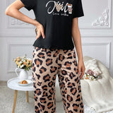 Conjunto De Pijama De Manga Corta Con Impresion De Leopardo Y Color Cafe Y Pantalon A Juego Para Mujeres