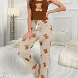 Conjunto De Pijama Con Pantalon Largo Y Top De Tirantes Con Estampado De Oso