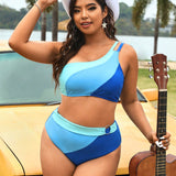 Swim Event Conjunto De Traje De Bano Para Mujeres De Talla Grande Con Bloqueo De Color