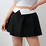 Essnce Plus Size Color Block Waist Folded Pleated Skirt