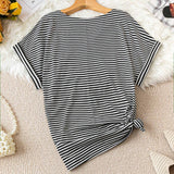 LUNE Plus Size Women's Round Neck Striped Batwing Sleeve T-Shirt