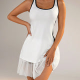 Sport Gameset Vestido atletico ajustado para mujer con parche de color contrastante y borde de malla, conjunto de tenis para mujer