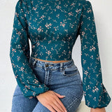 Essnce Camisa Para Mujer Con Estampado Floral, Cuello Con Soporte, Mangas De Farol Sin Espalda