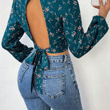 Essnce Camisa Para Mujer Con Estampado Floral, Cuello Con Soporte, Mangas De Farol Sin Espalda