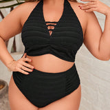 Swim Curve Conjunto de bikini de talla grande de unicolor con cuello en V y cuello halter