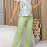 Gulsengunel Conjunto de pijama de manga corta y estampado floral para mujeres en vacaciones