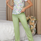 Gulsengunel Conjunto de pijama de manga corta y estampado floral para mujeres en vacaciones