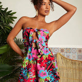 TRVLCHIC Vacation Style Floral & Botanic Printed Bandeau Romper With Front Knot For Women