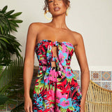 TRVLCHIC Vacation Style Floral & Botanic Printed Bandeau Romper With Front Knot For Women