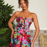 TRVLCHIC Vacation Style Floral & Botanic Printed Bandeau Romper With Front Knot For Women