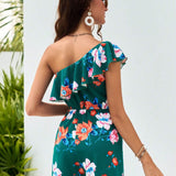 VCAY Music Festival Vacation One Shoulder Ladies Floral Print Ruffle Trim Romper