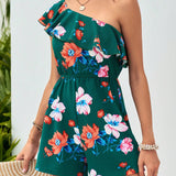 VCAY Music Festival Vacation One Shoulder Ladies Floral Print Ruffle Trim Romper