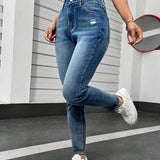 EZwear Jeans Ajustados De Mujer Elasticos De Cintura Alta En Azul