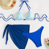 Swim Conjunto De Bikini Para Mujer Con Bloqueo De Color Halter, Correa De Cuello Y Bikini Triangular Separado Mini, 3 Piezas/set