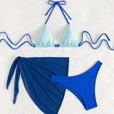 Swim Conjunto De Bikini Para Mujer Con Bloqueo De Color Halter, Correa De Cuello Y Bikini Triangular Separado Mini, 3 Piezas/set