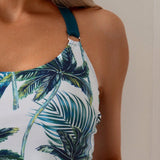 Swim Traje De Bano Con Correa Y Chaleco Estampado Con Plantas Tropicales Para Mujeres