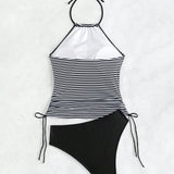 Swim Vcay Conjunto tankini de cuello halter para mujer con estampado de letras y rayas