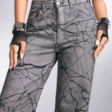 ROMWE Grunge Punk Pantalones Jeans Rectos Estampados Con Diseno De Bolsillos Inclinados