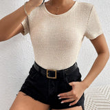 Frenchy Camiseta Basica De Cuello Redondo Para Mujer Con Tela Texturizada, Color Solido